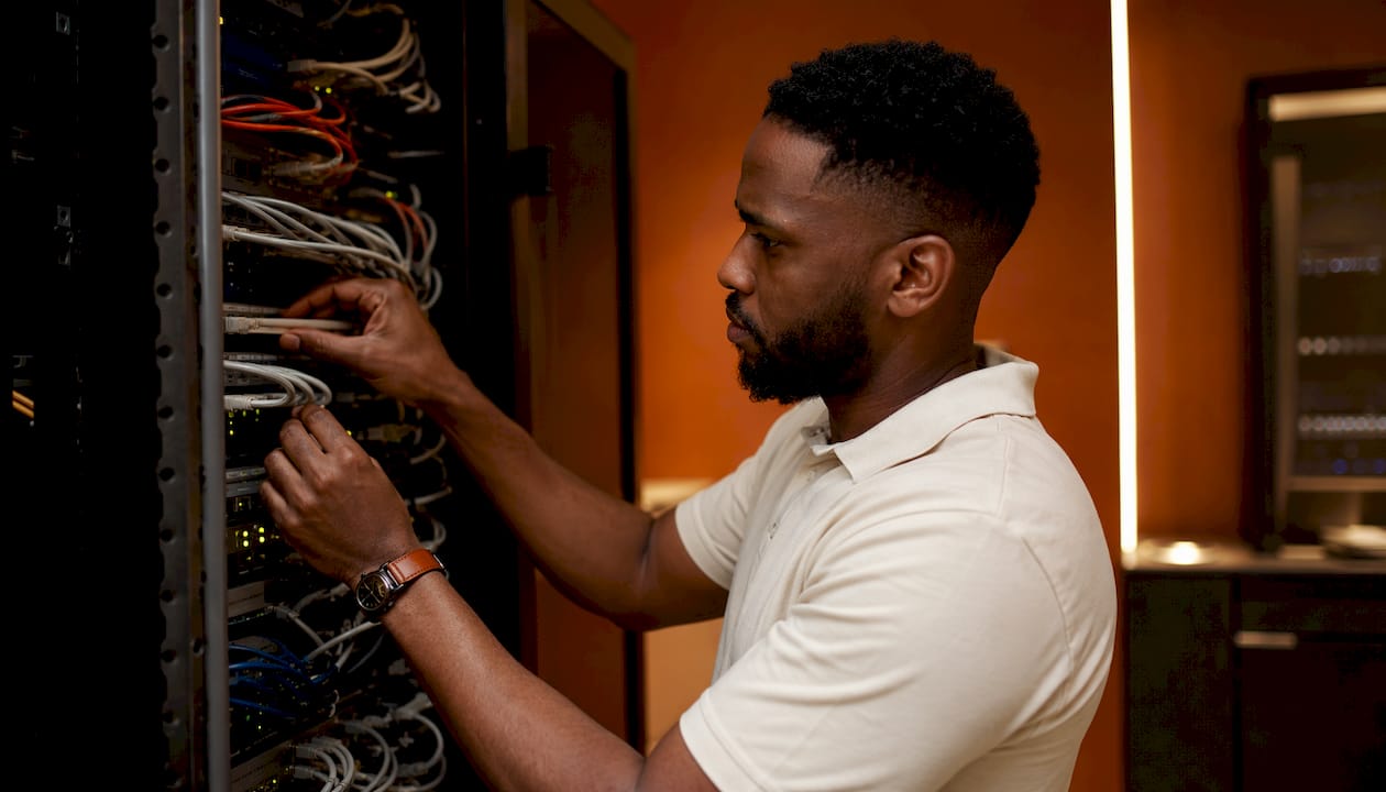 Technician connecting cables in data center server rack