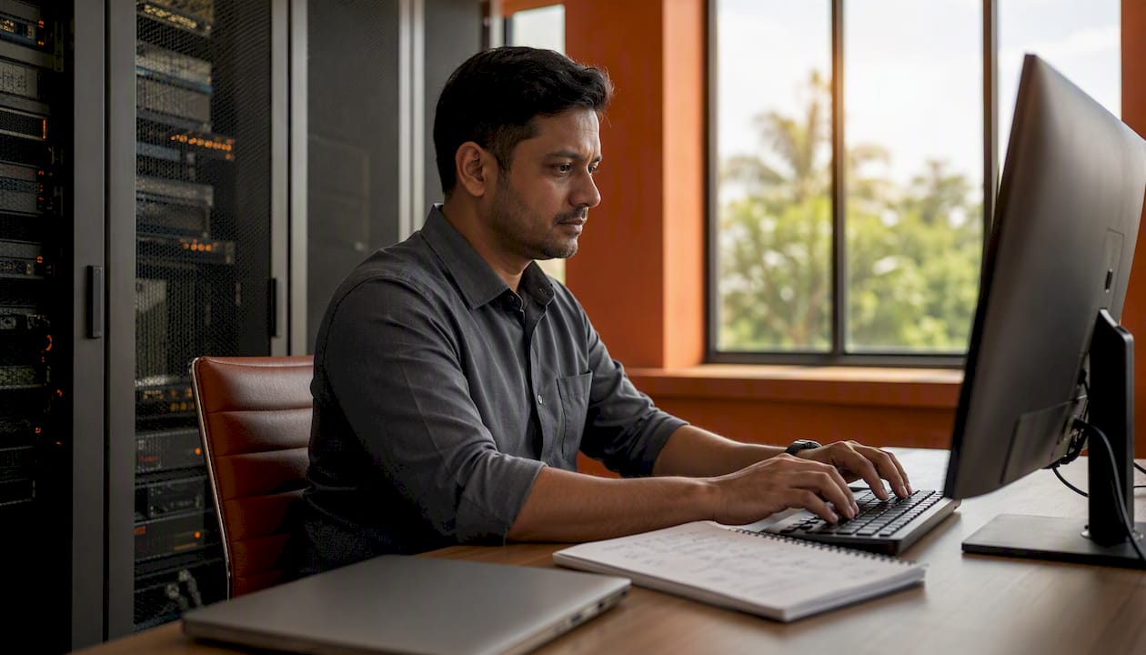 Hotel IT professional typing during data breach response