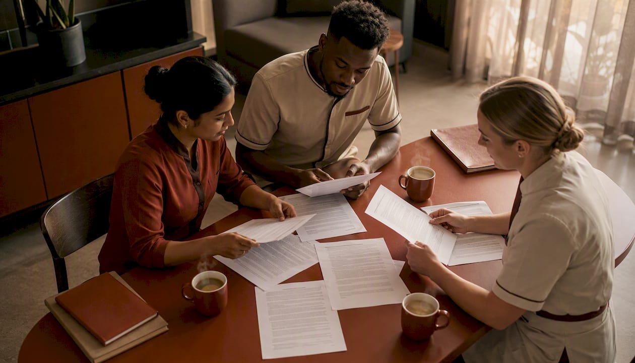 Hospitality staff reviewing multilingual privacy notices