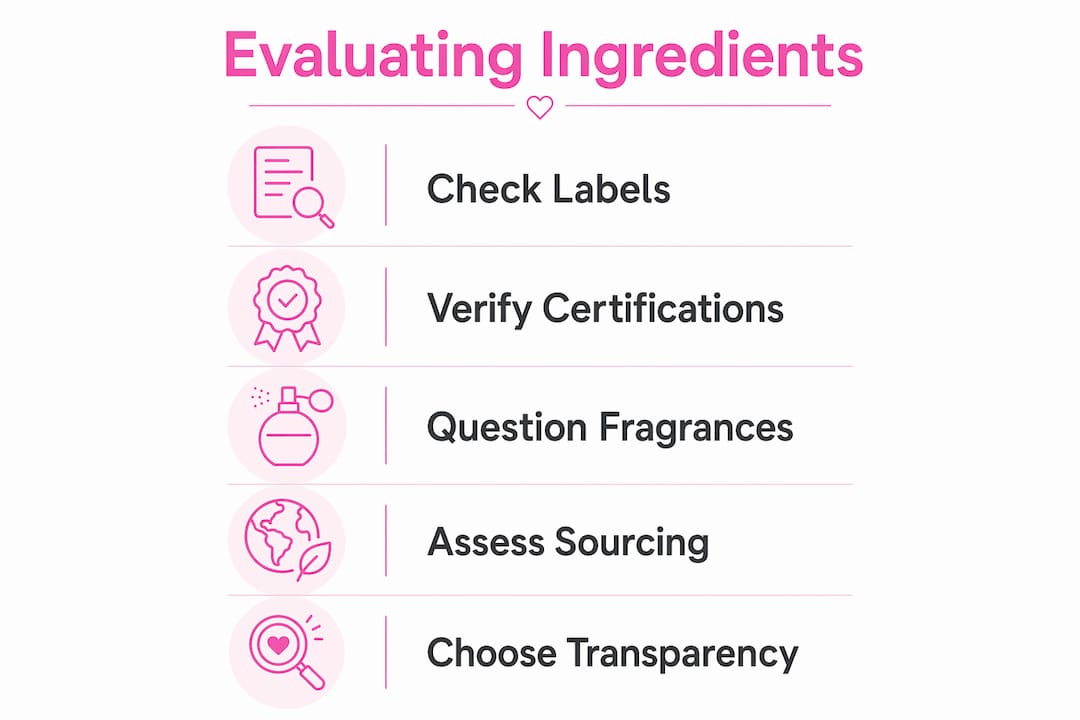 Infographic illustrating steps to evaluate makeup ingredients ethically