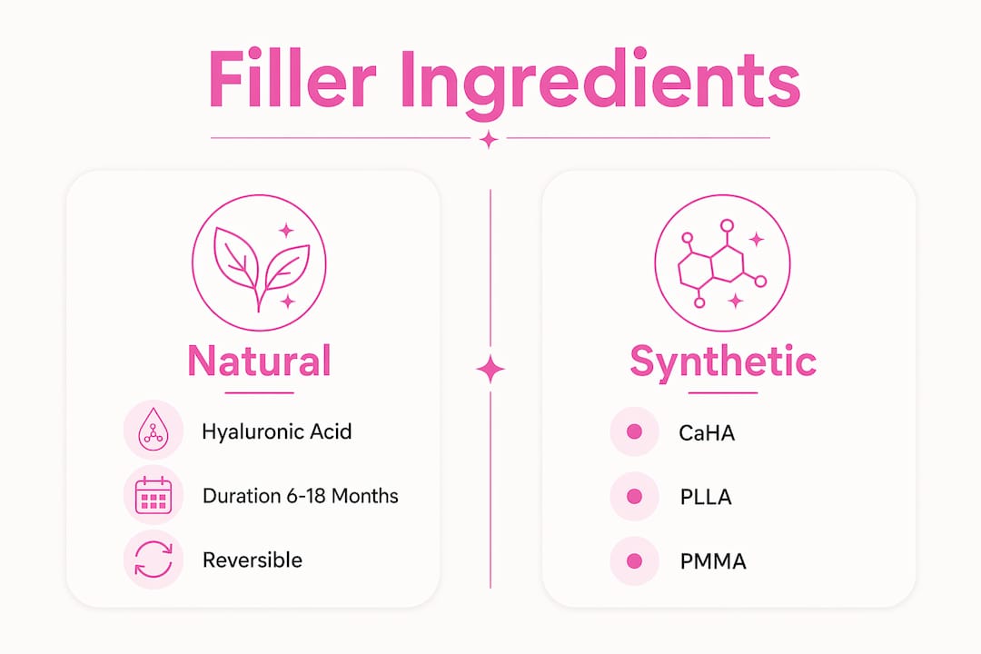 Infographic comparing natural and synthetic cosmetic filler ingredients