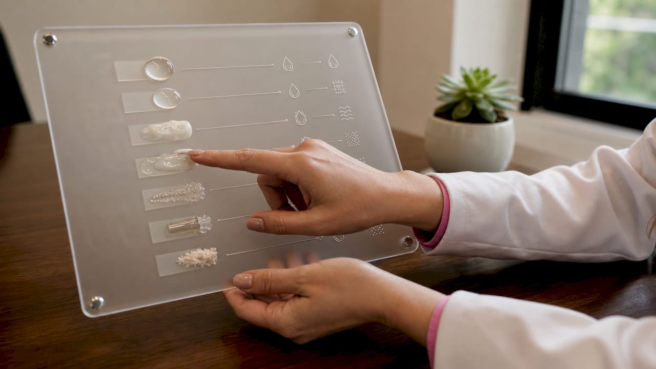 Dermatologist's hands pointing at filler ingredient chart