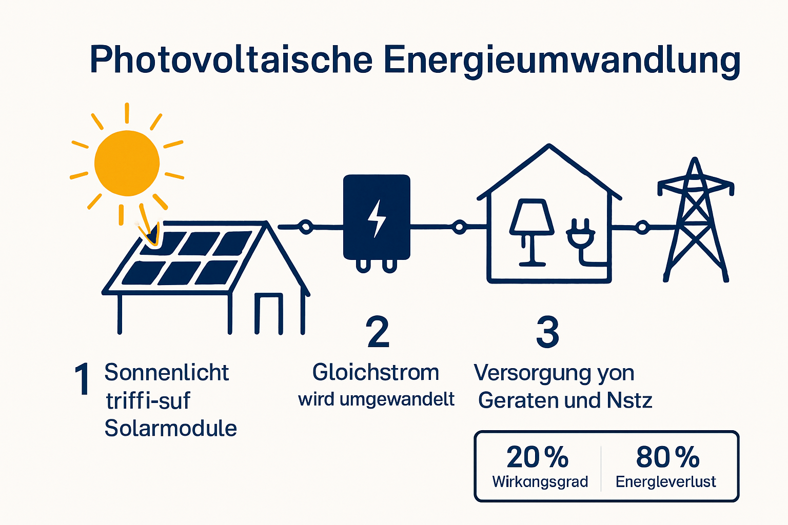 Infografik: Photovoltaik Energieumwandlungsprozess auf dem Hausdach