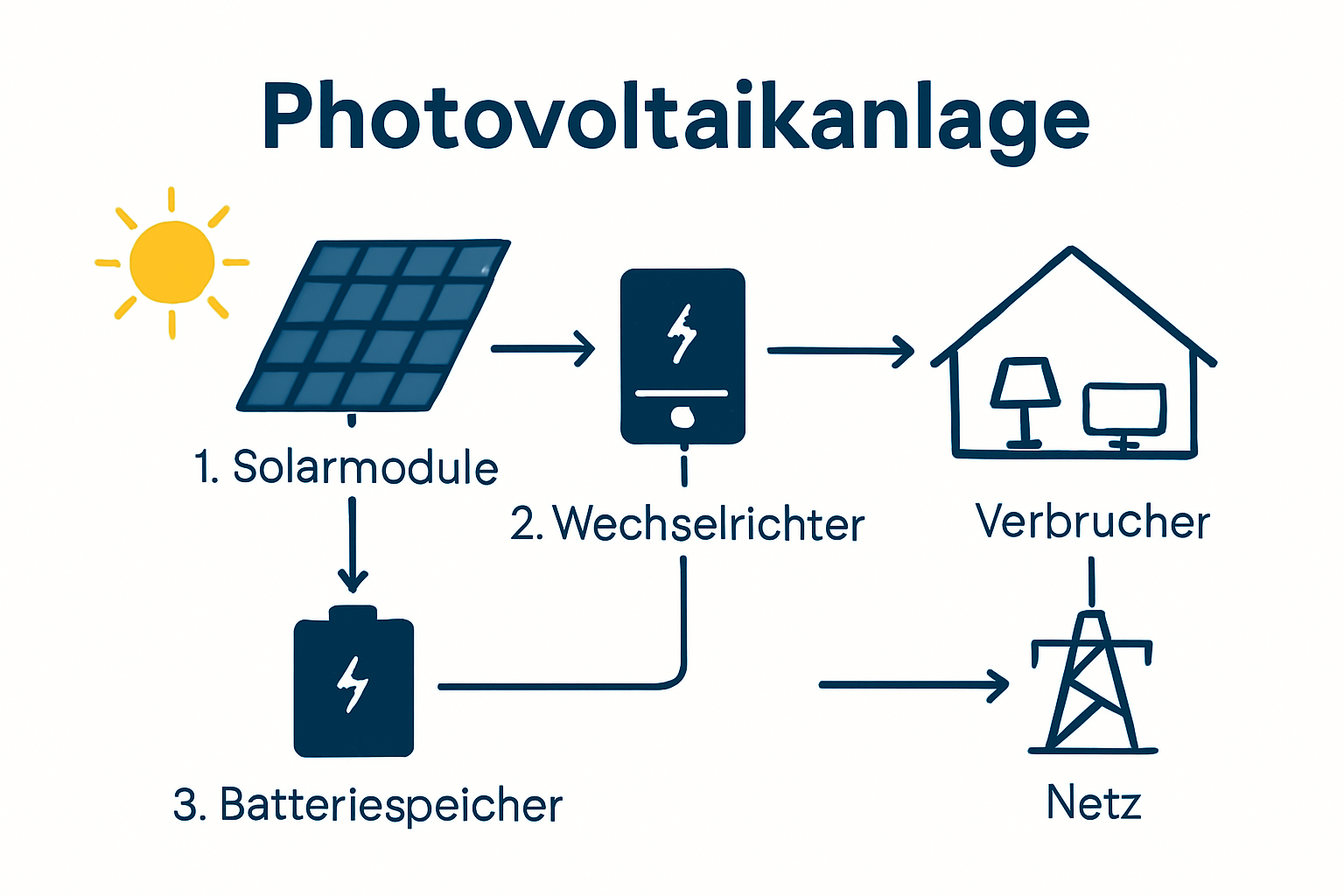 Photovoltaikanlage Komponenten und Energiefluss Infografik