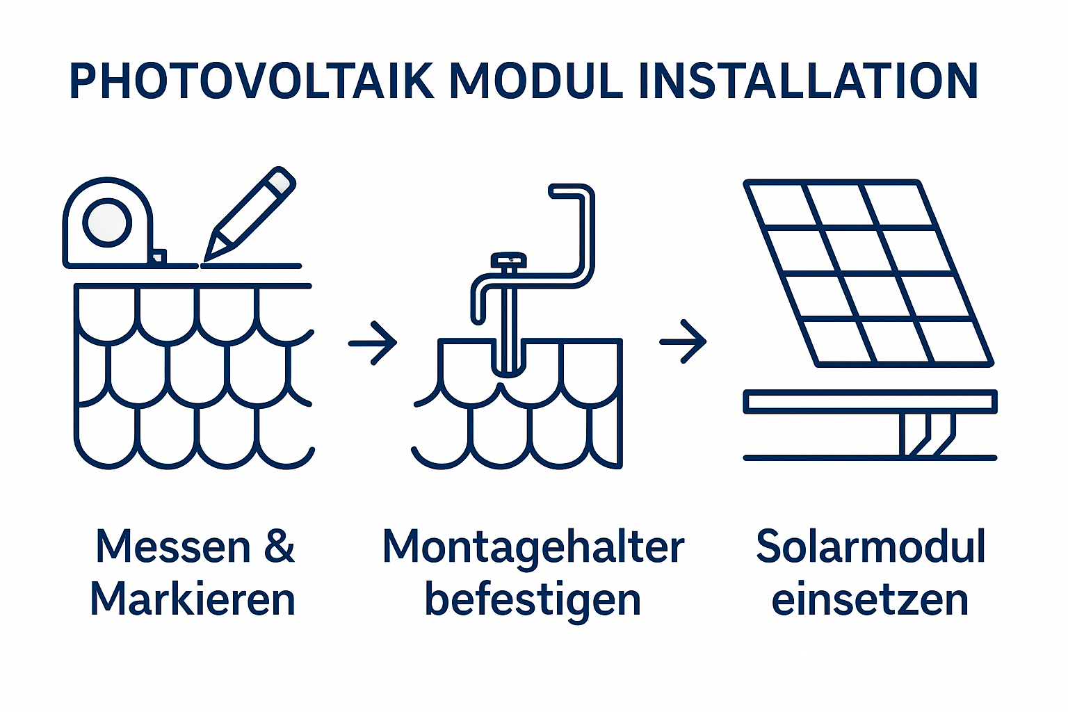 Drei einfache Icons zeigen das Markieren, Montieren und Platzieren von Solarmodulen.