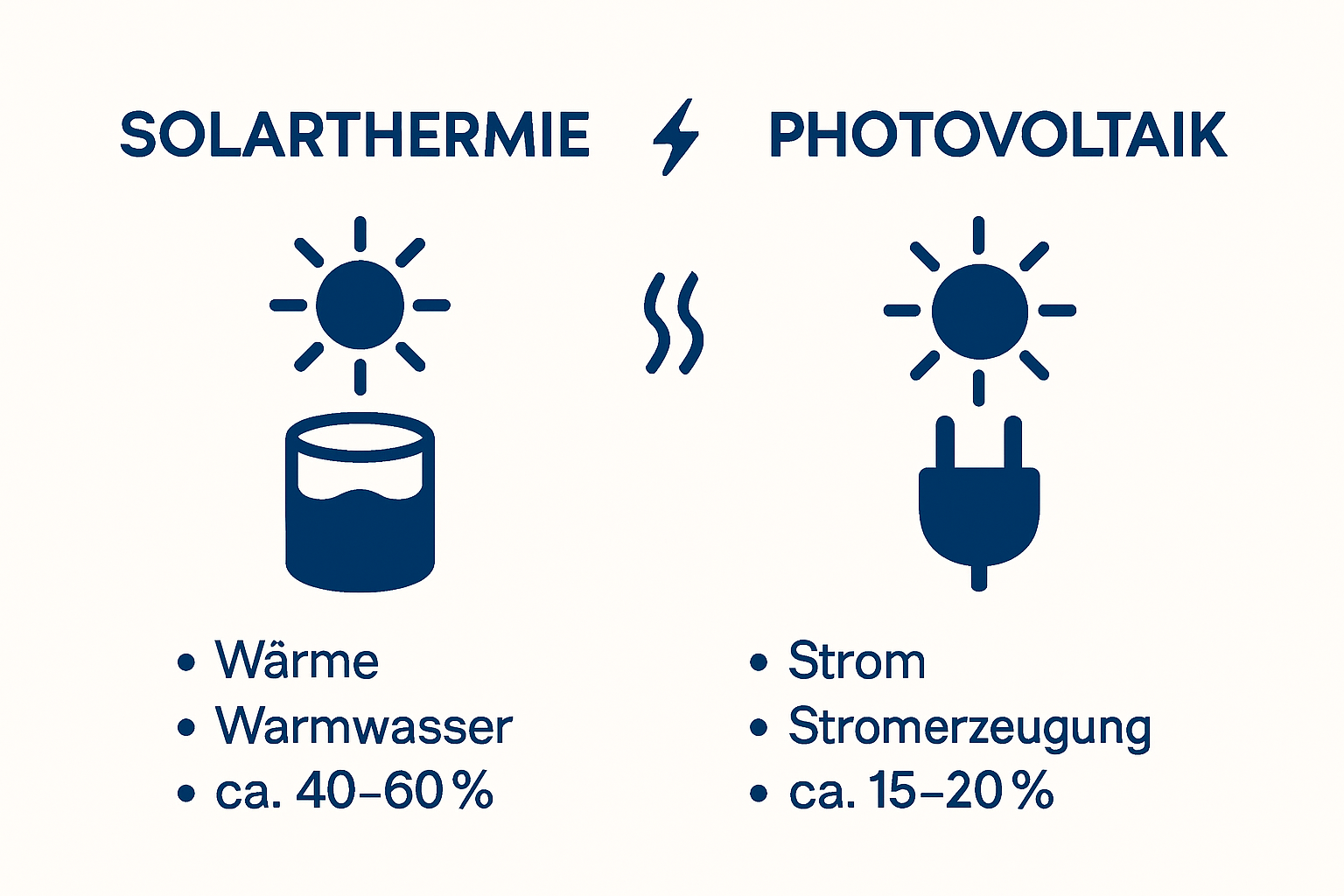Icon-based infographic comparing Solarthermie and Photovoltaik energy use