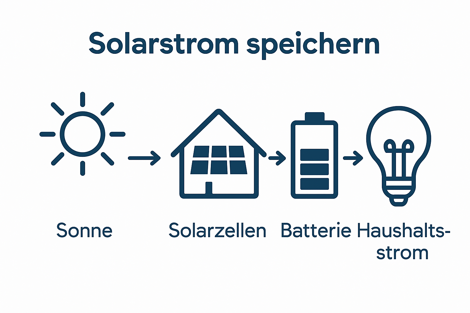 Solarstrom speichern Infografik: Haus, Batterie, Glühbirne, Energiefluss