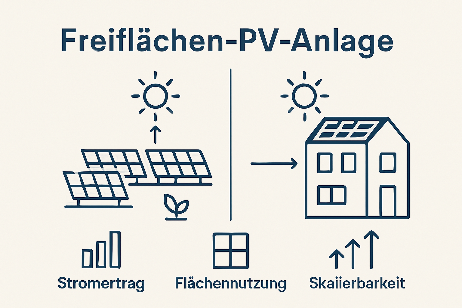 Infographic comparing Freiflächen- und Dach-Photovoltaikanlagen
