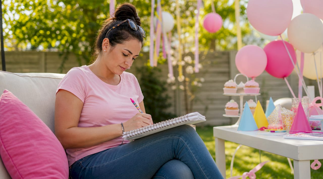 Woman planning kids party checklist at table