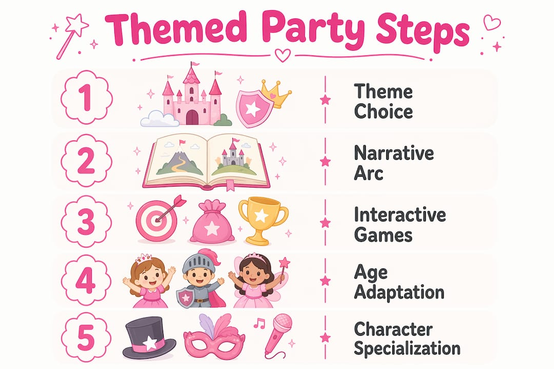 Infographic illustrating themed party entertainment steps