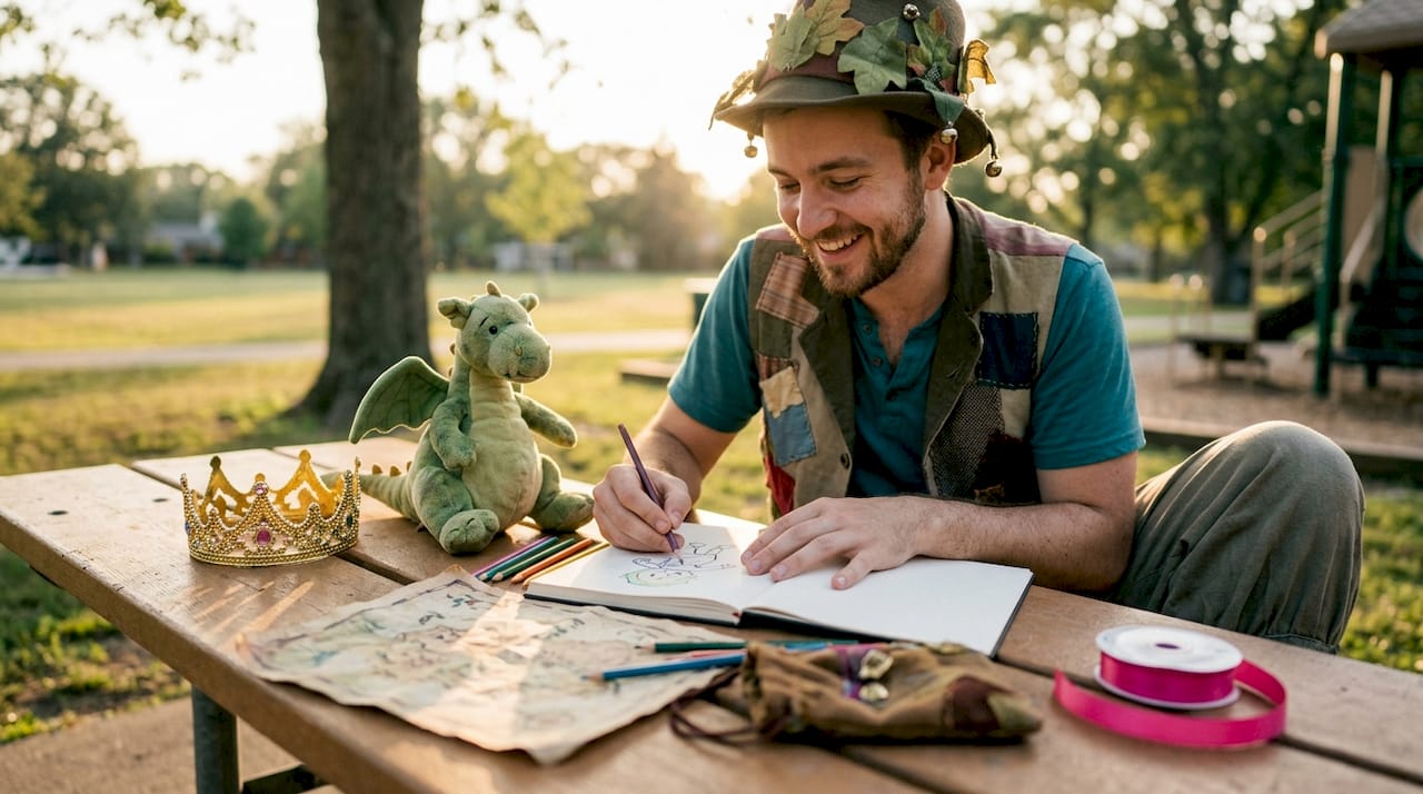 Entertainer preparing themed party narrative notes