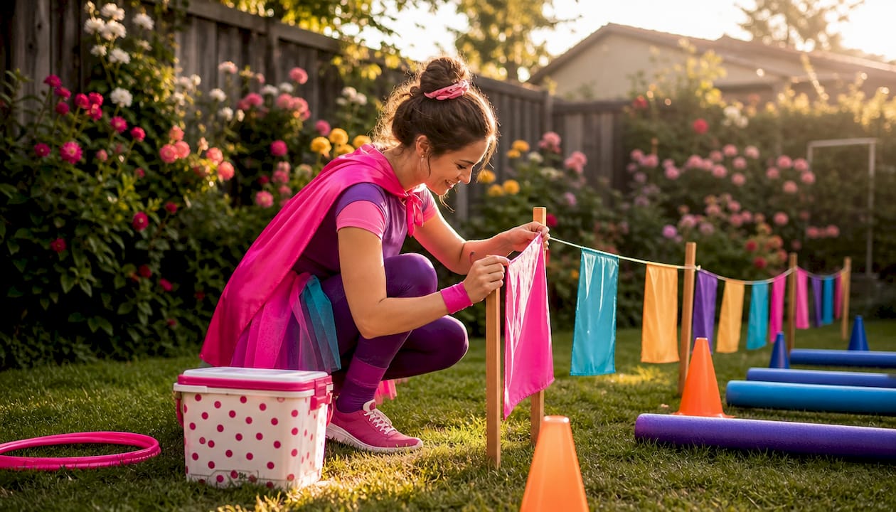 Superhero entertainer setting up obstacle course outdoors