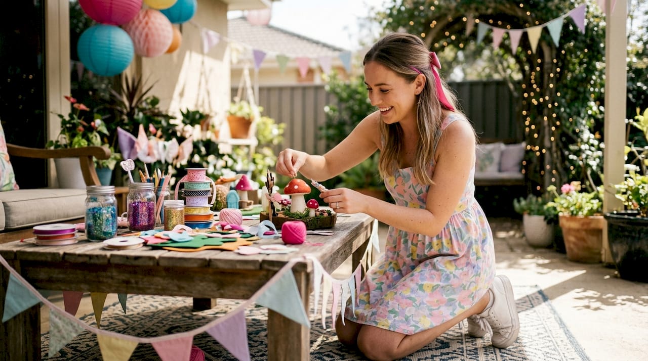Party planner arranging fairy garden decorations