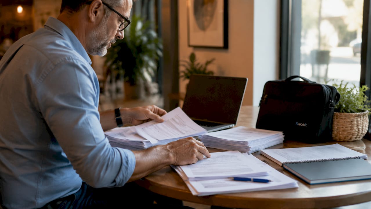 Hands arranging HR documents on table overhead view