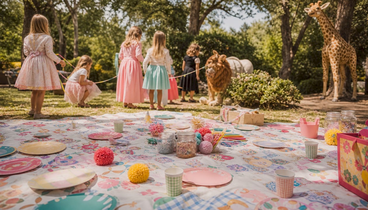 Kidcore themed birthday party table setup outdoors