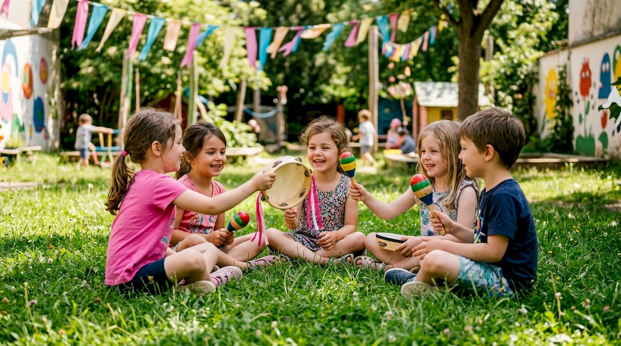 Young children playing percussion instruments in music game