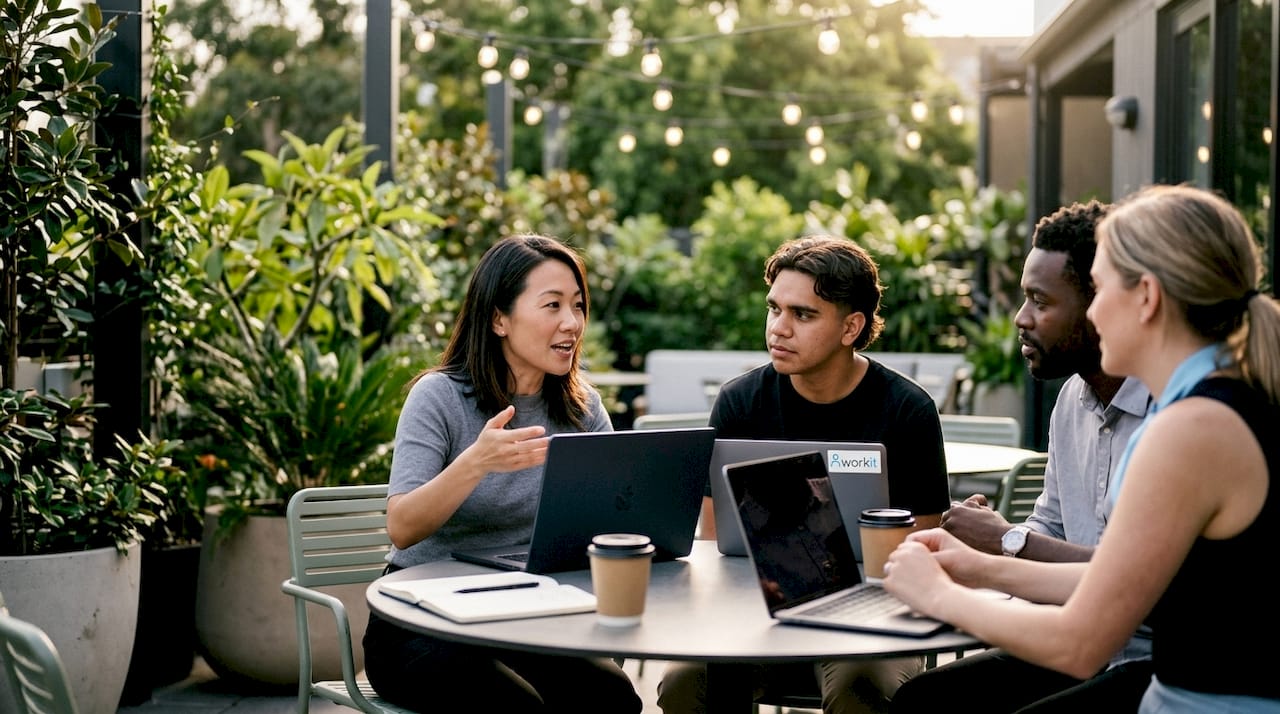 Diverse team discussing cloud-based HR system