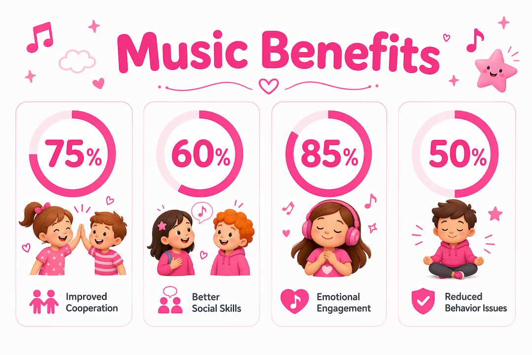 Infographic showing statistics on music benefits for kids parties