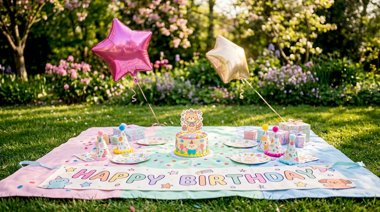 Core character-themed party decoration items on table