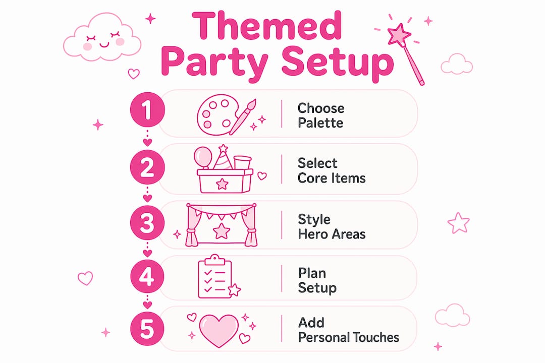 Infographic showing steps for themed party setup