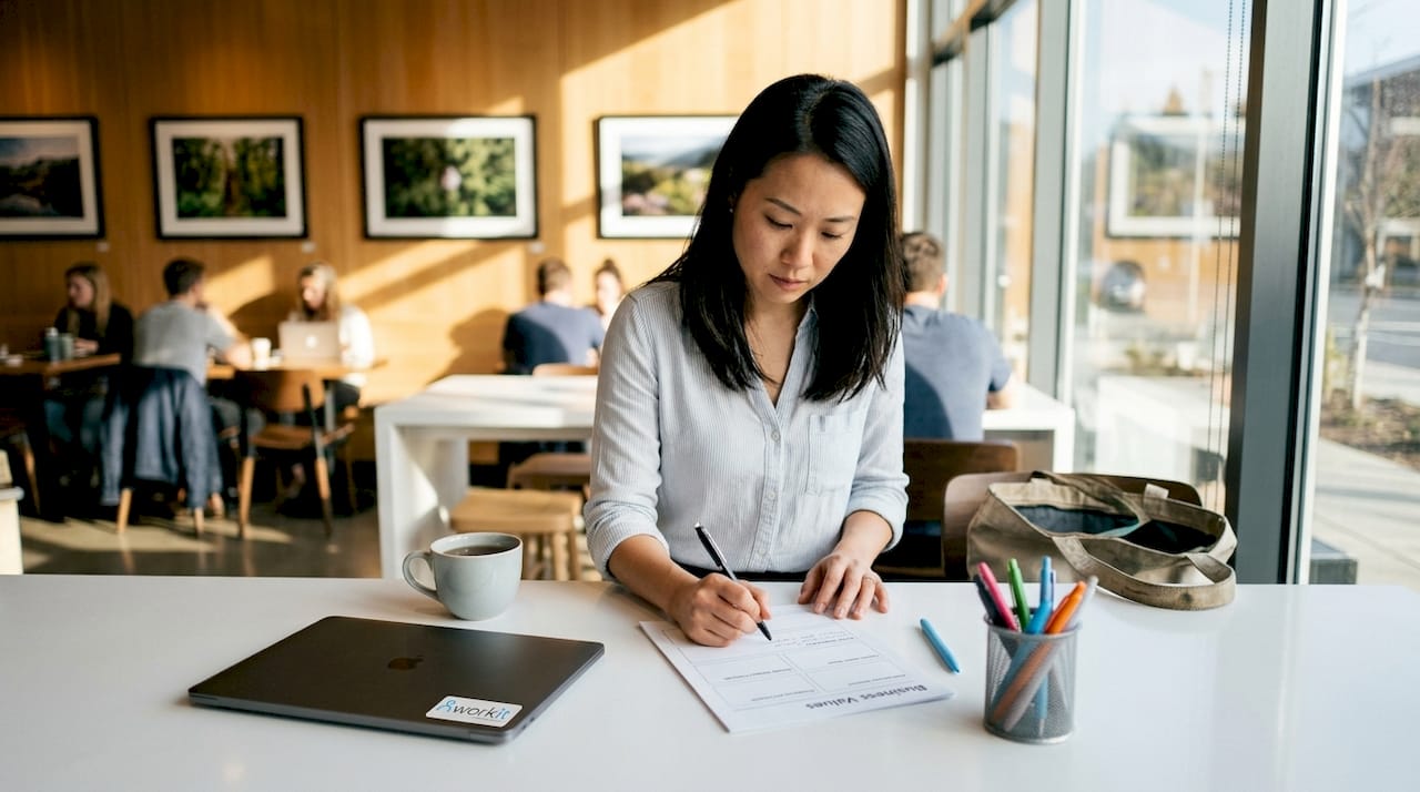 Manager writing business values notes