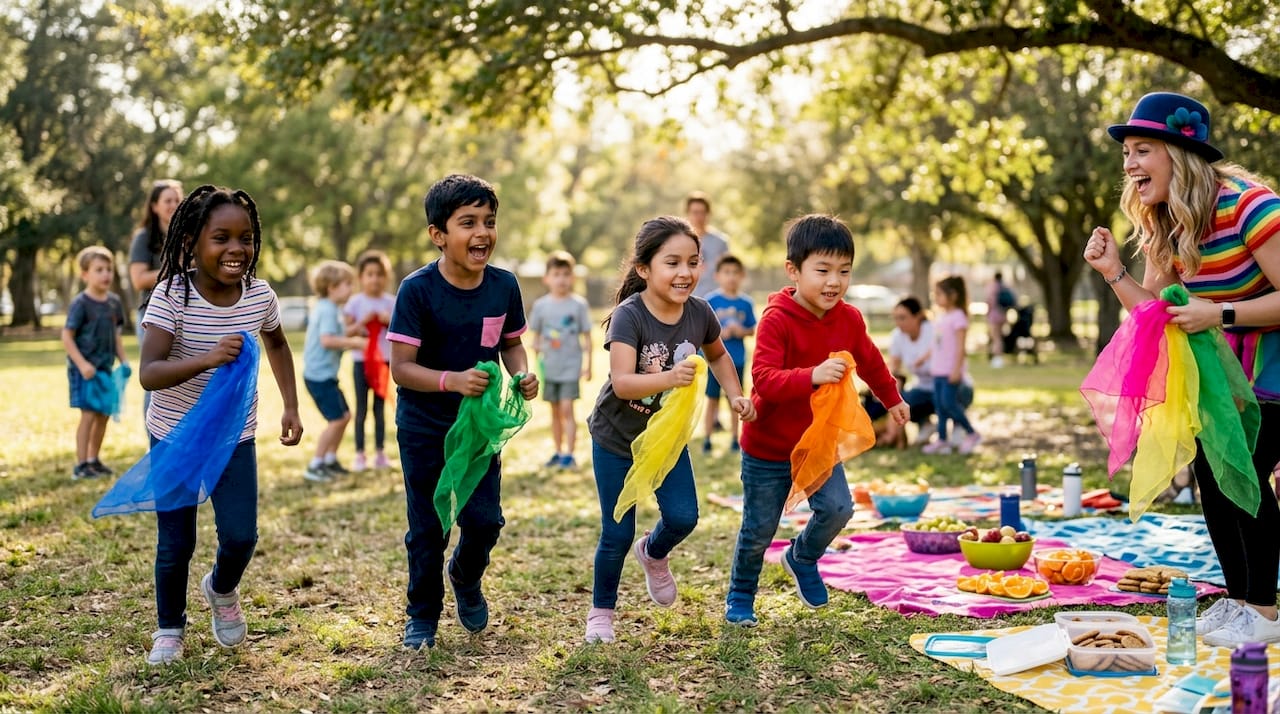 Children playing inclusive party games outdoors