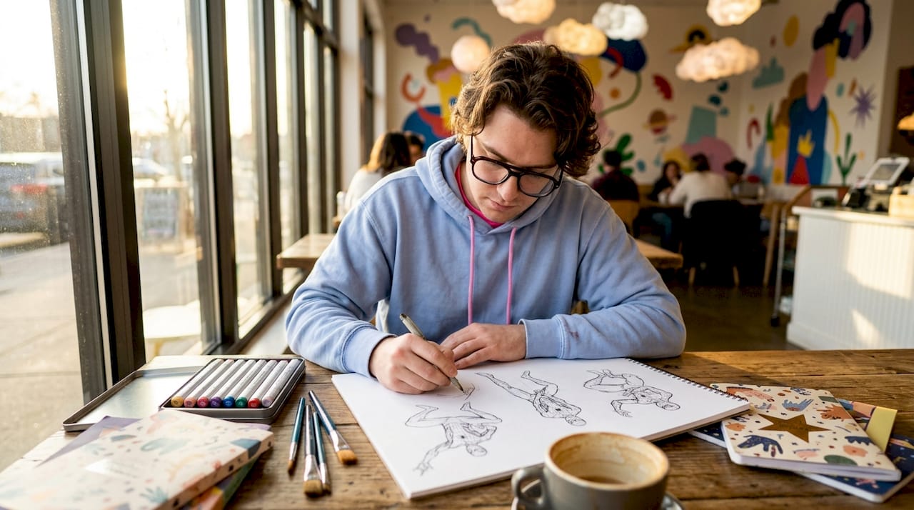 Comic artist sketching Spider-Man origin art