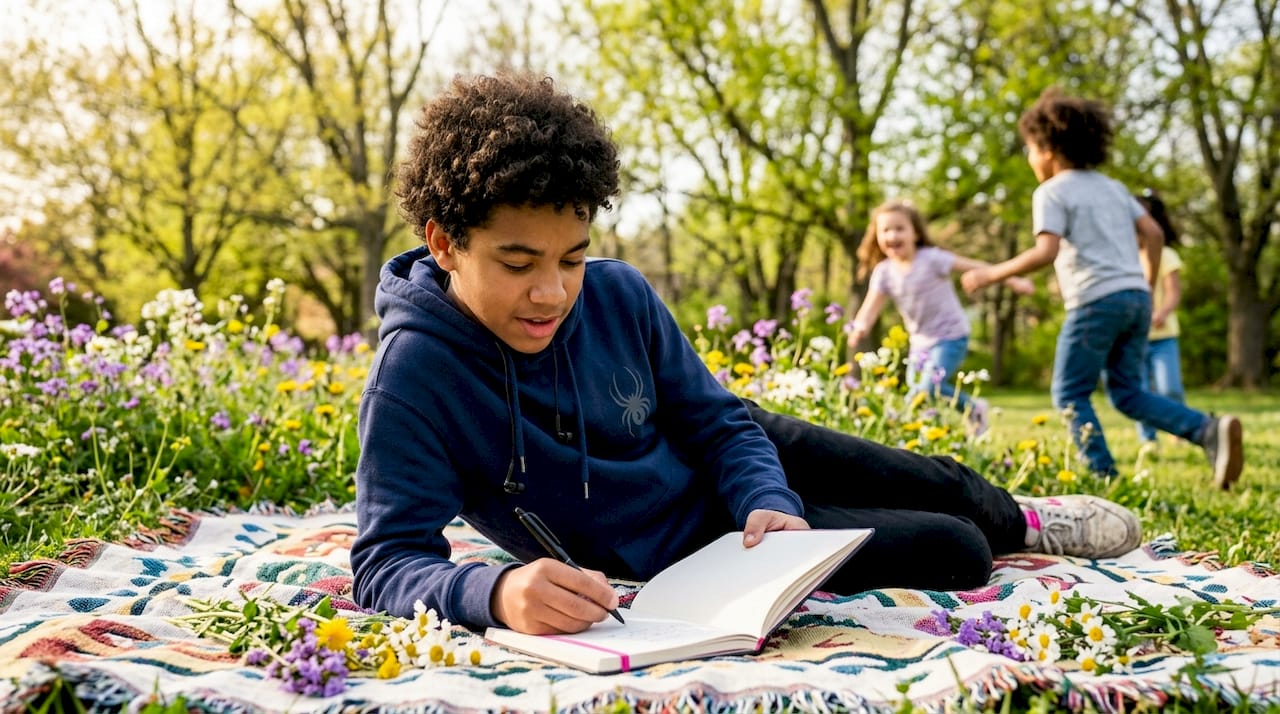 Teen sitting on bench reflecting on Miles Morales