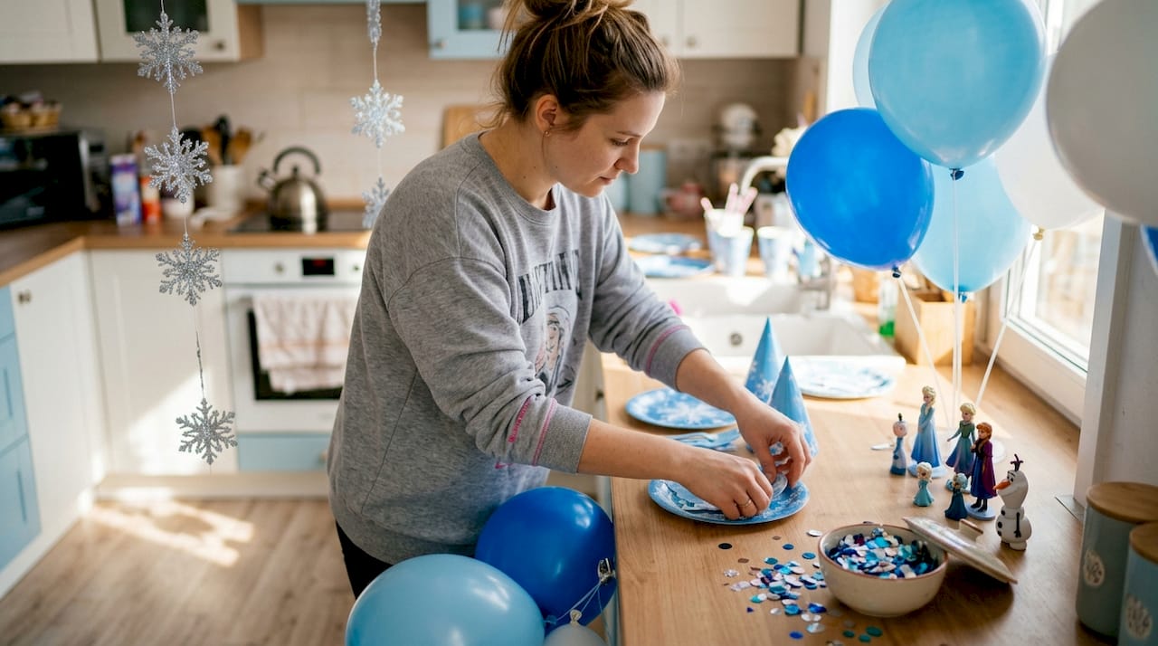 Mother preparing Frozen Elsa party decorations