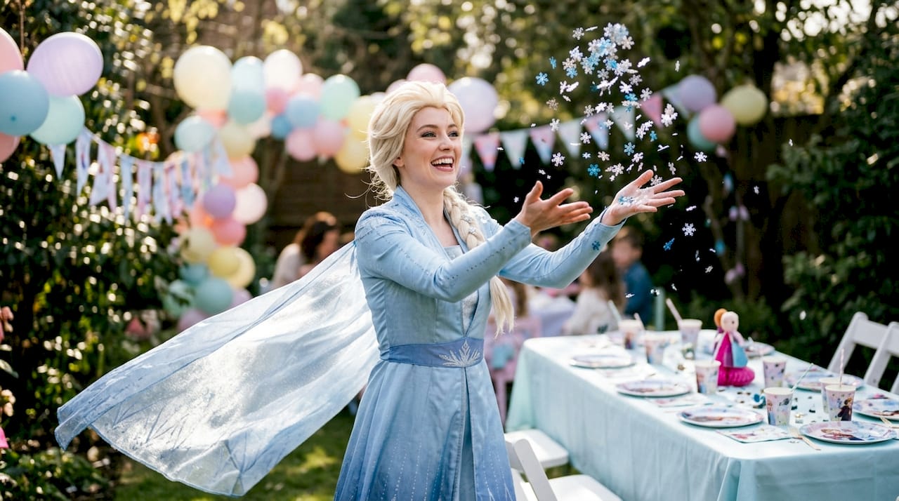 Elsa entertainer setting up themed party table