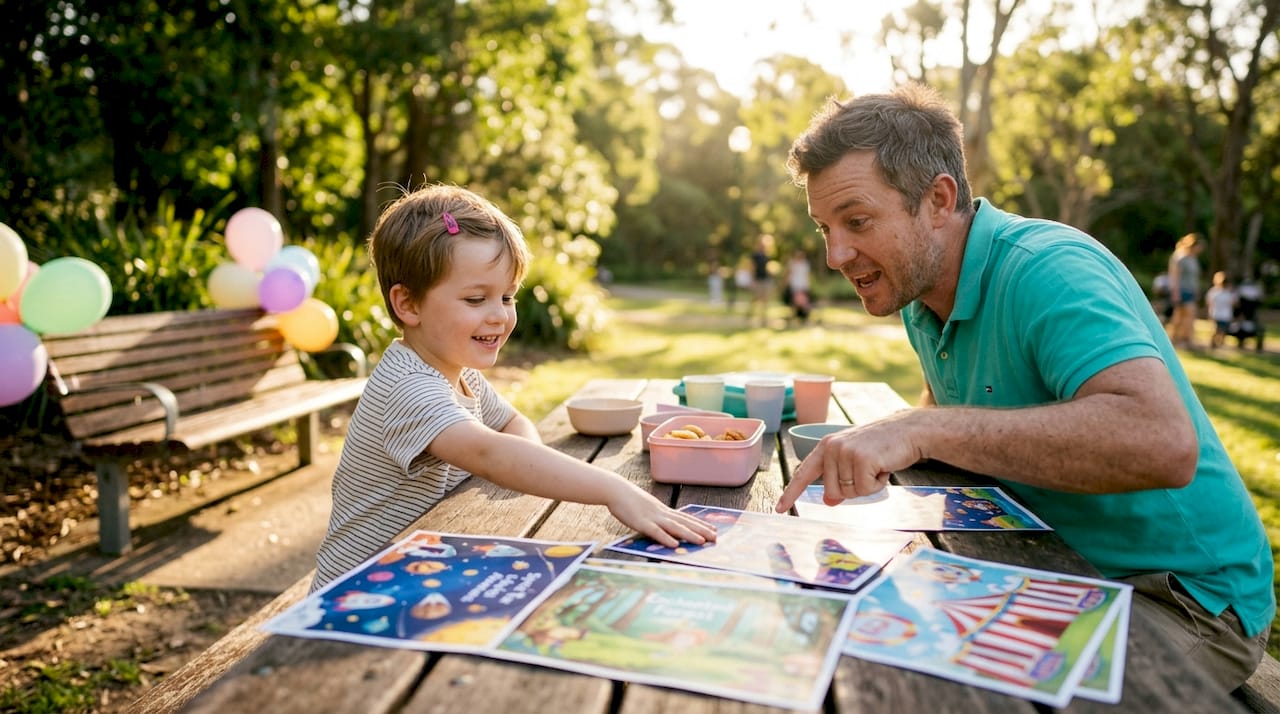 Father and son choosing birthday party theme