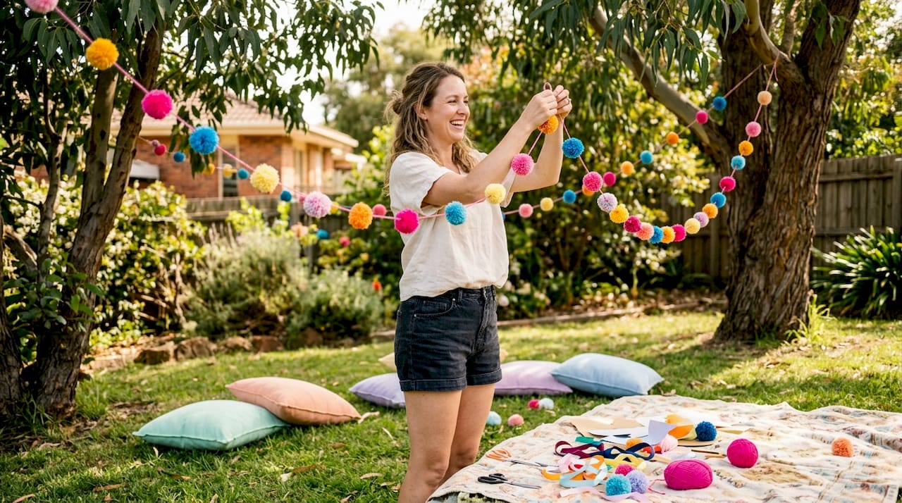 Mother decorating living room for kids birthday party