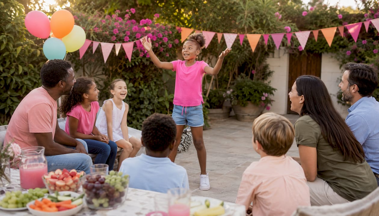 Mixed-age group playing party games indoors