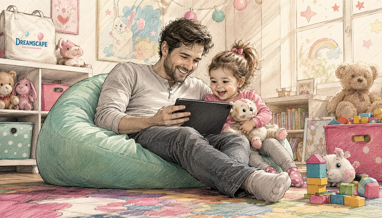 Father and toddler watching educational video together