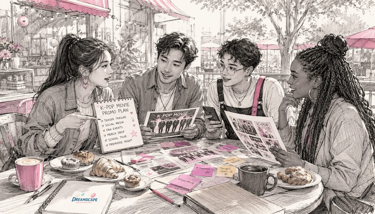 Marketing team discussing K-pop film campaign