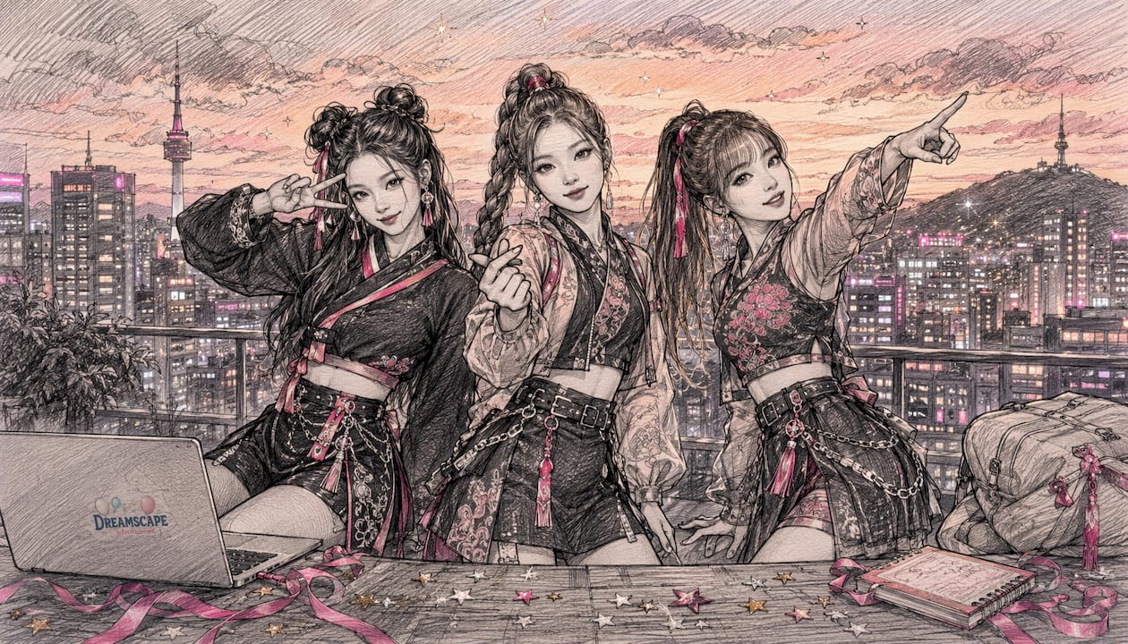 K-pop girl group on neon-lit rooftop at night