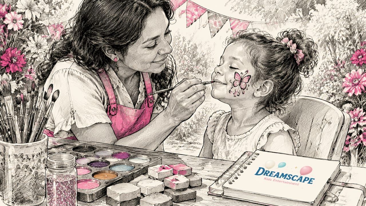 Face painter applying butterfly design on a child's face