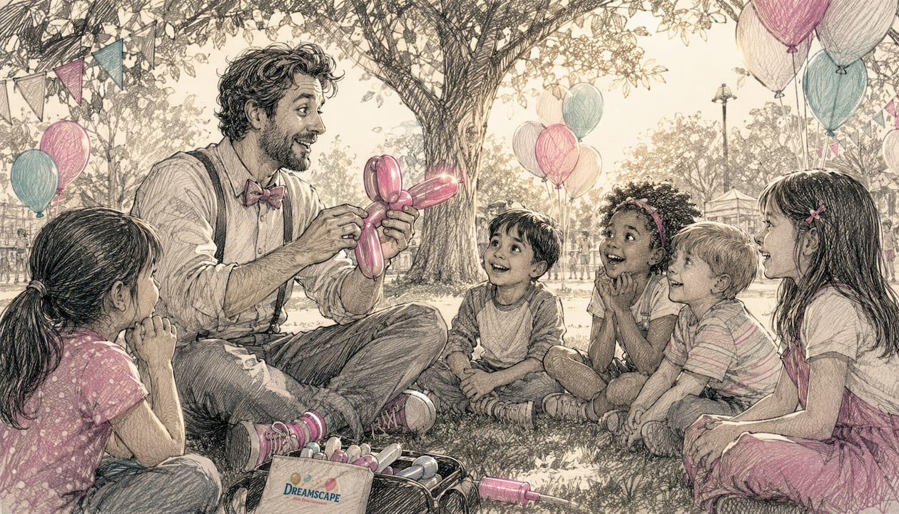 Balloon artist teaching twisting techniques to children