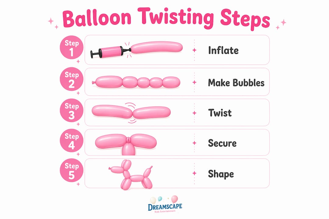 Infographic illustrating balloon twisting steps