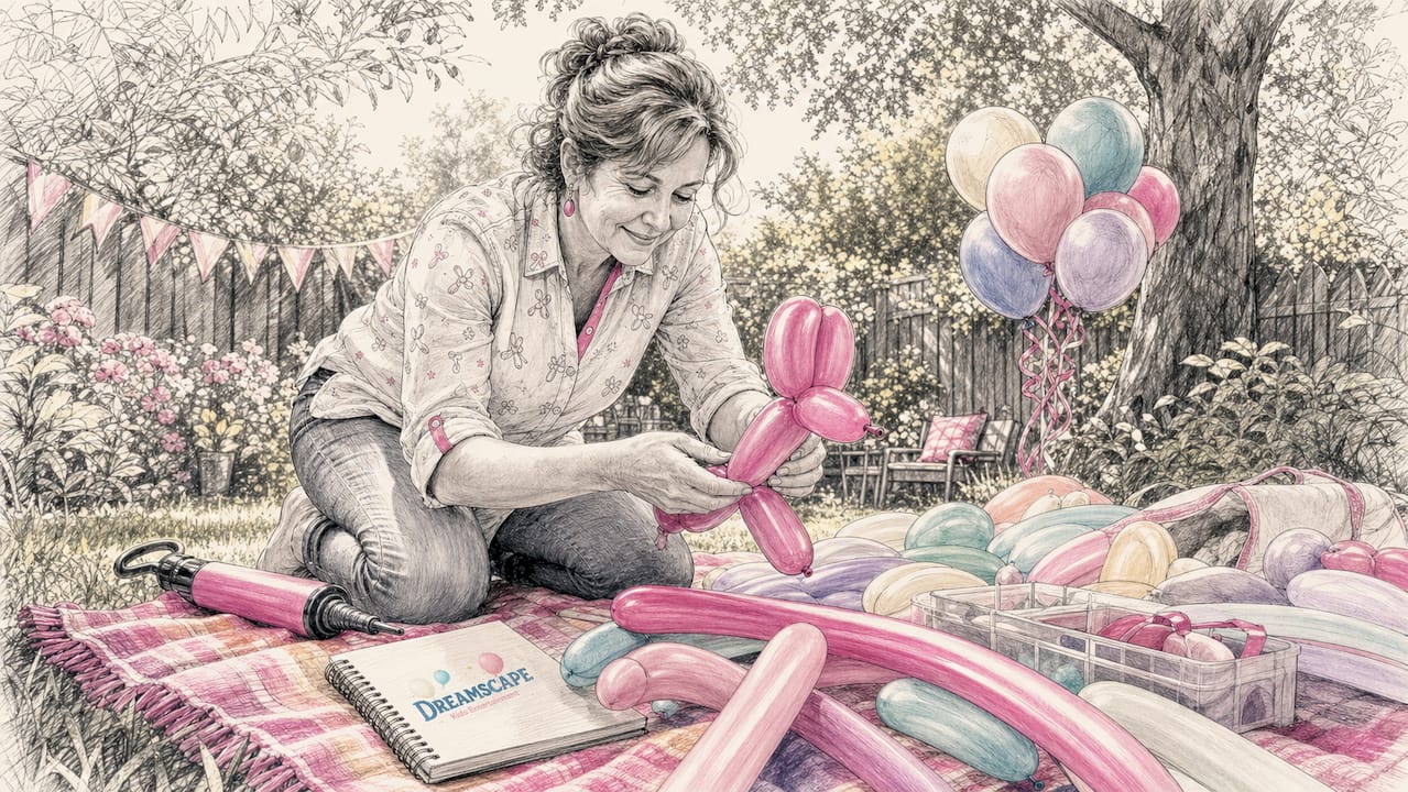 Woman learning balloon twisting at home