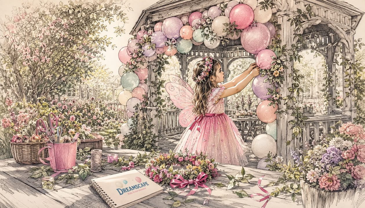Child arranging pastel balloons for fairy party