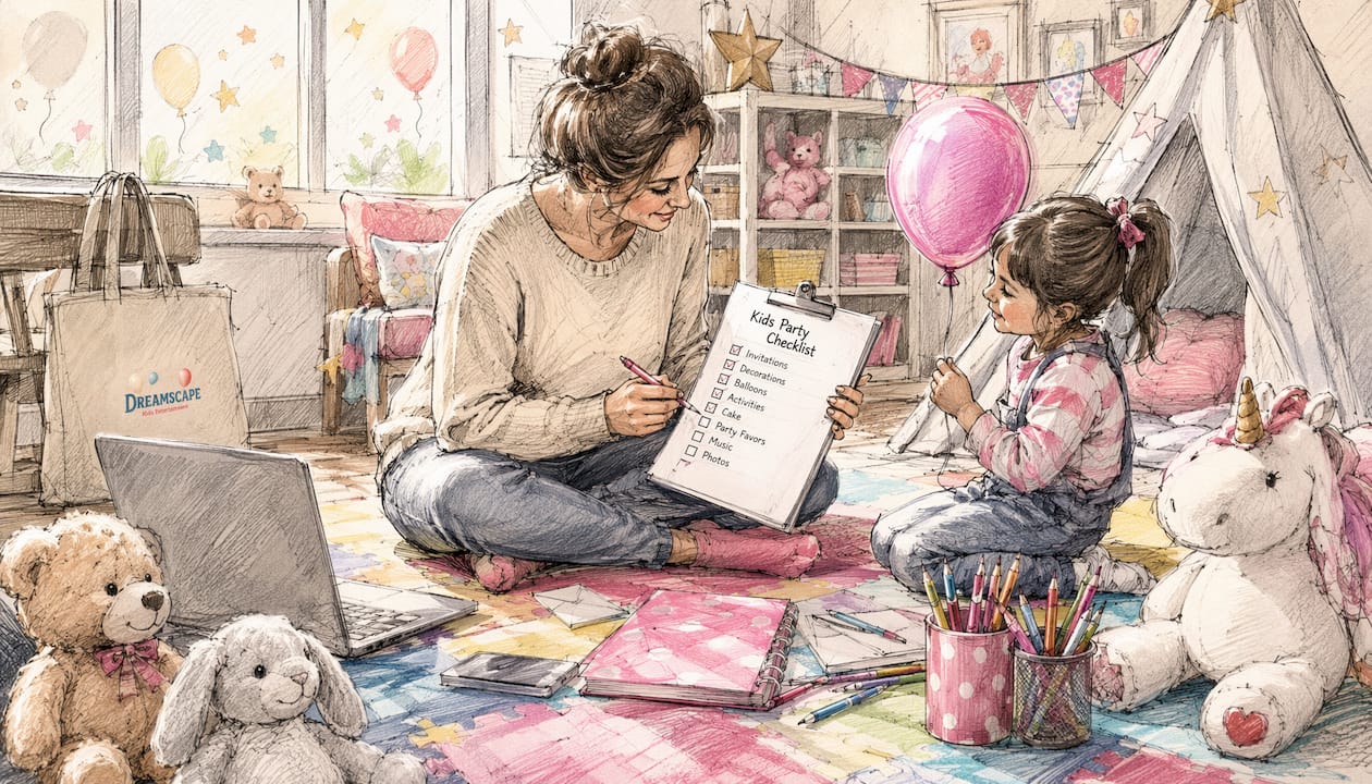 Parent reviewing party safety checklist with child