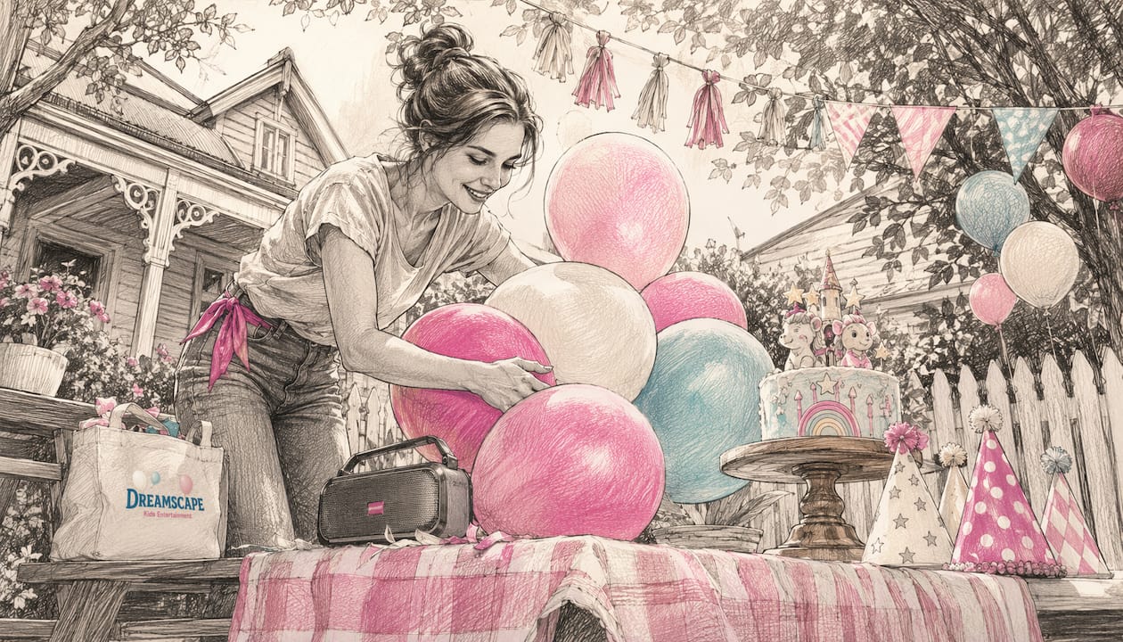 Parent setting music for kids themed party outdoors