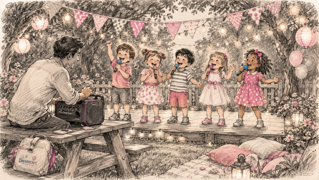 Kids enjoying karaoke at themed party indoors