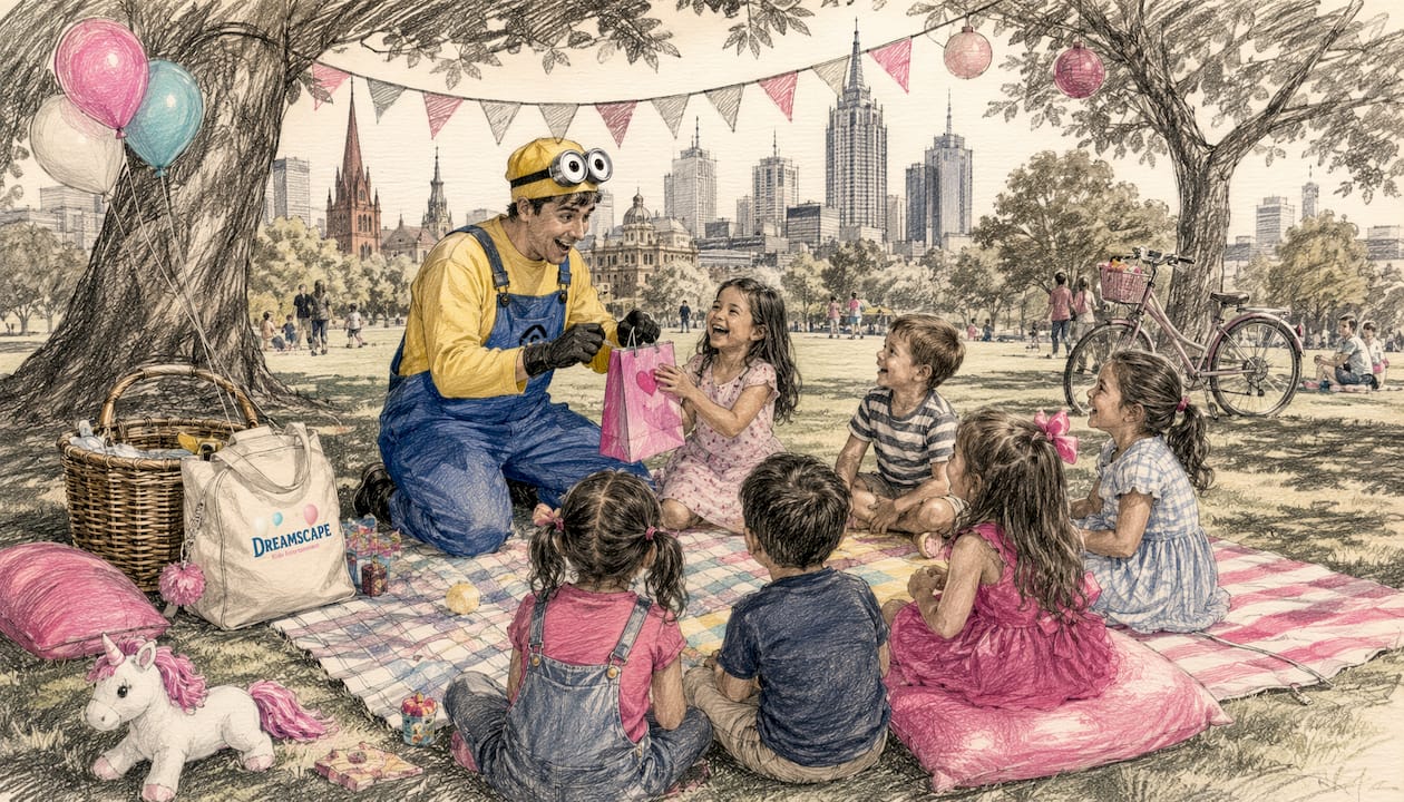 Licensed Minion character entertaining children outdoors