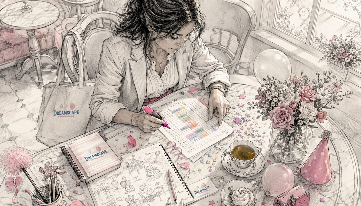 Event planner reviewing themed party schedule