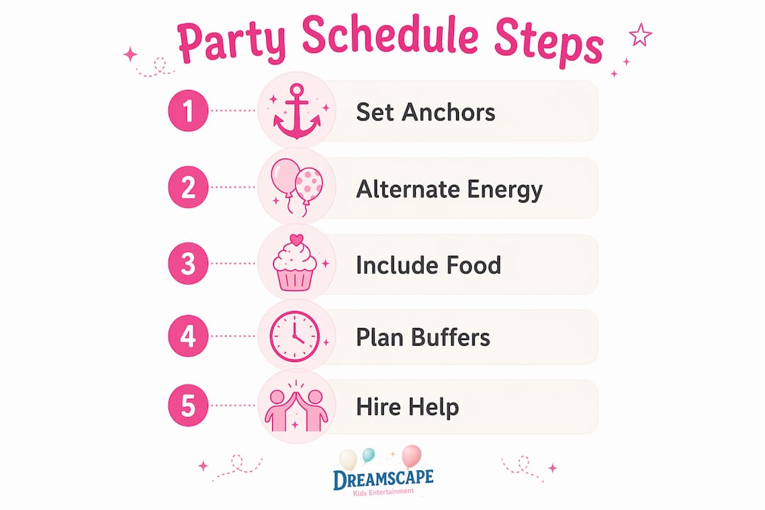 Infographic showing steps to layer party schedule