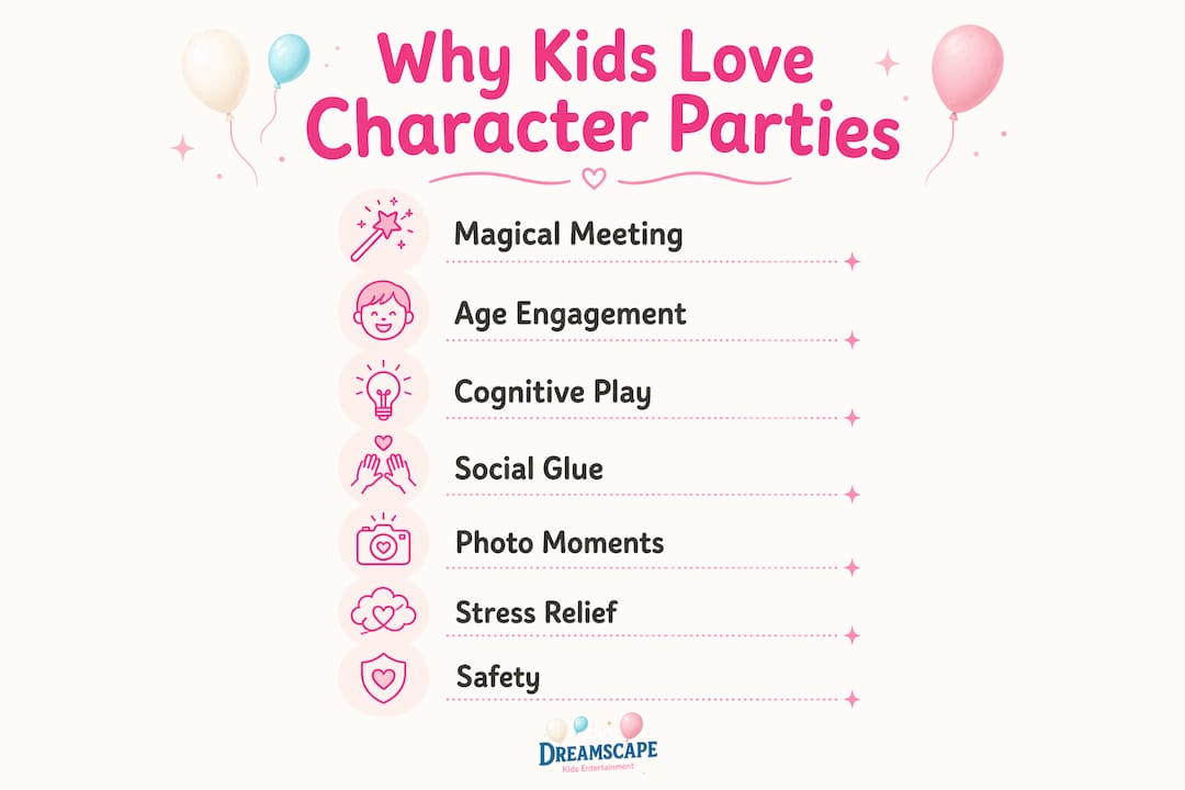 Infographic highlighting key reasons kids love character parties