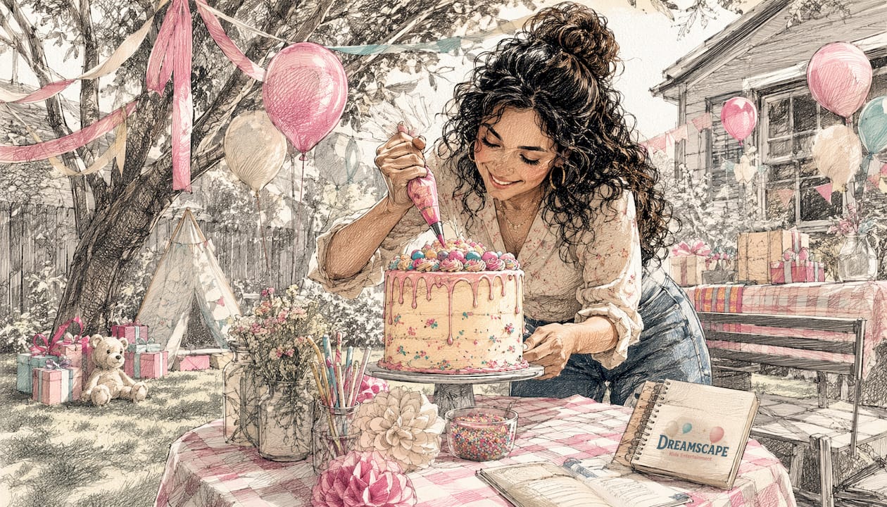 Mother decorating birthday cake at home party