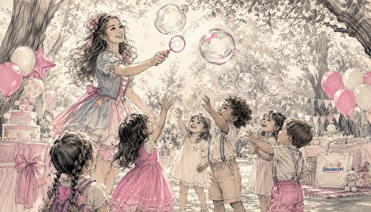 Entertainer performing bubble show for children outdoors